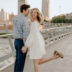 White dress. Casual. Perfect for engagement pictures. Bachelorette Bridal